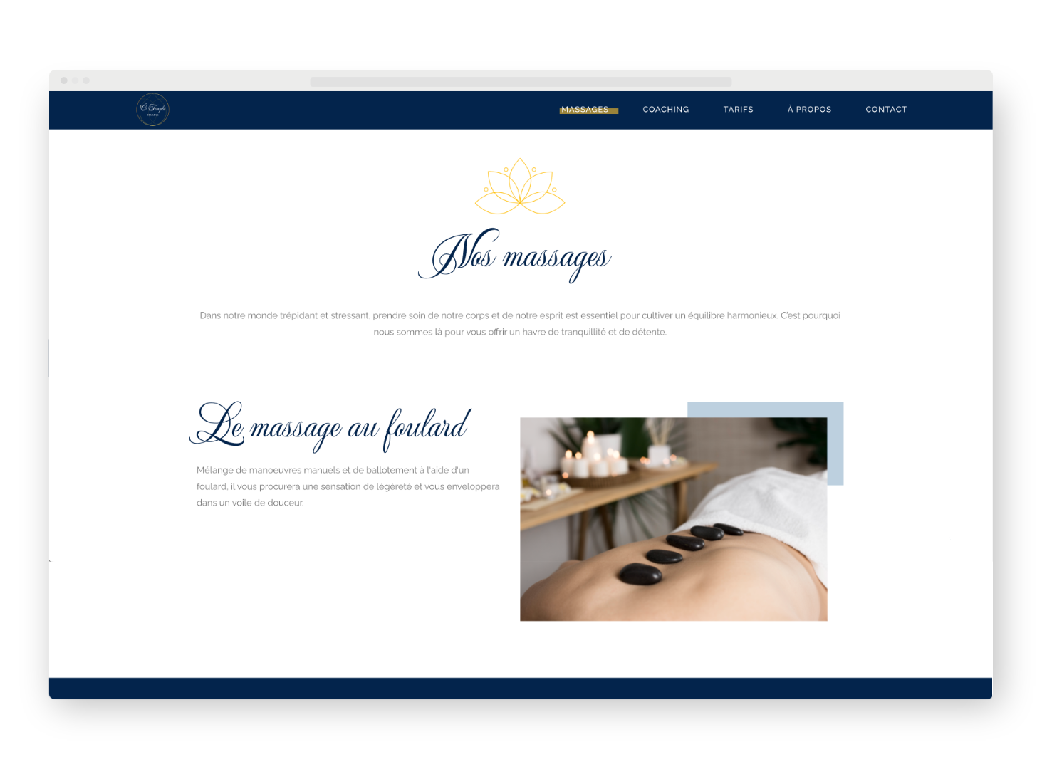 Interface de la page massages du site de O Temple des sens